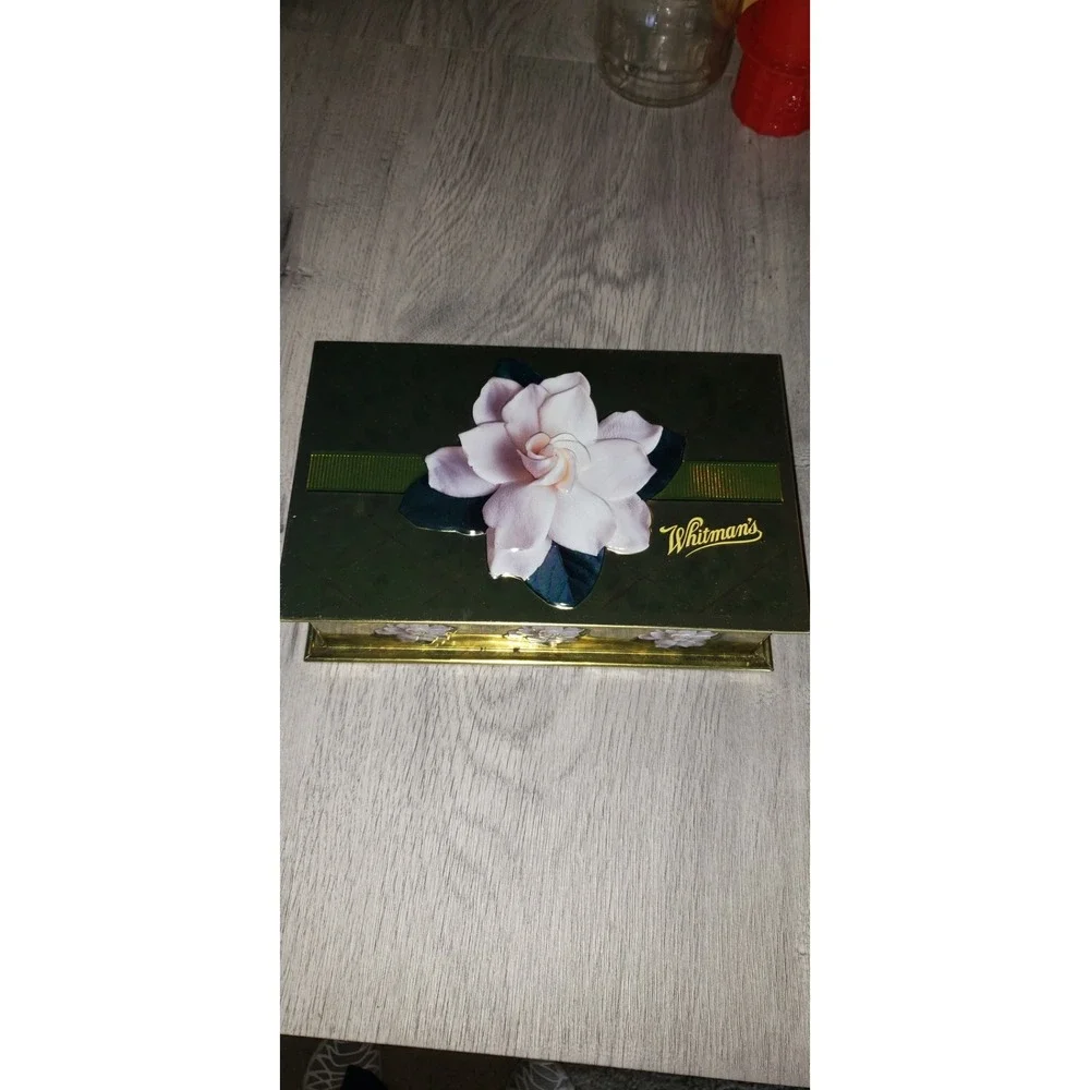 Whitmans Sampler Tin Gold Green Floral Gardenia 3D Embossed Chocolate Box Empty
